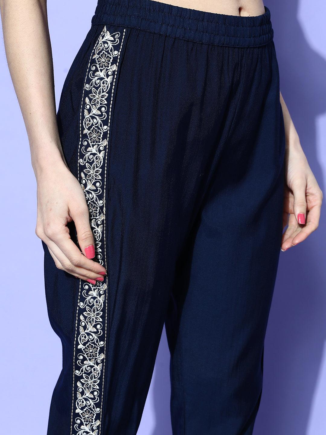Navy Blue Embellished Silk Blend Co-Ords - ShopLibas 