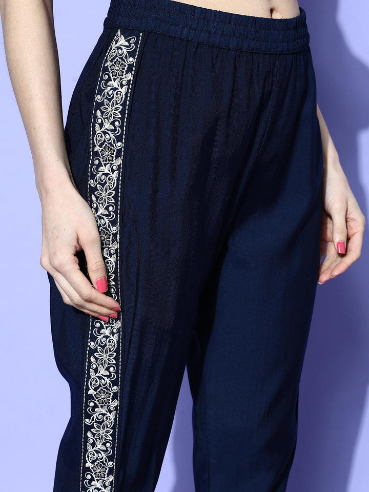 Navy Blue Embellished Silk Blend Co-Ords