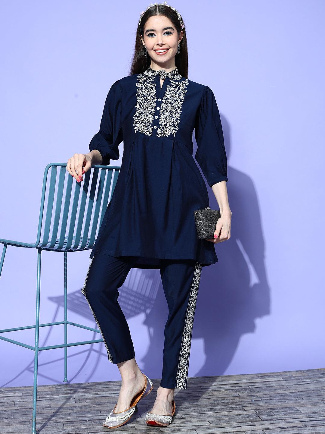 Navy Blue Embellished Silk Blend Co-Ords - ShopLibas 