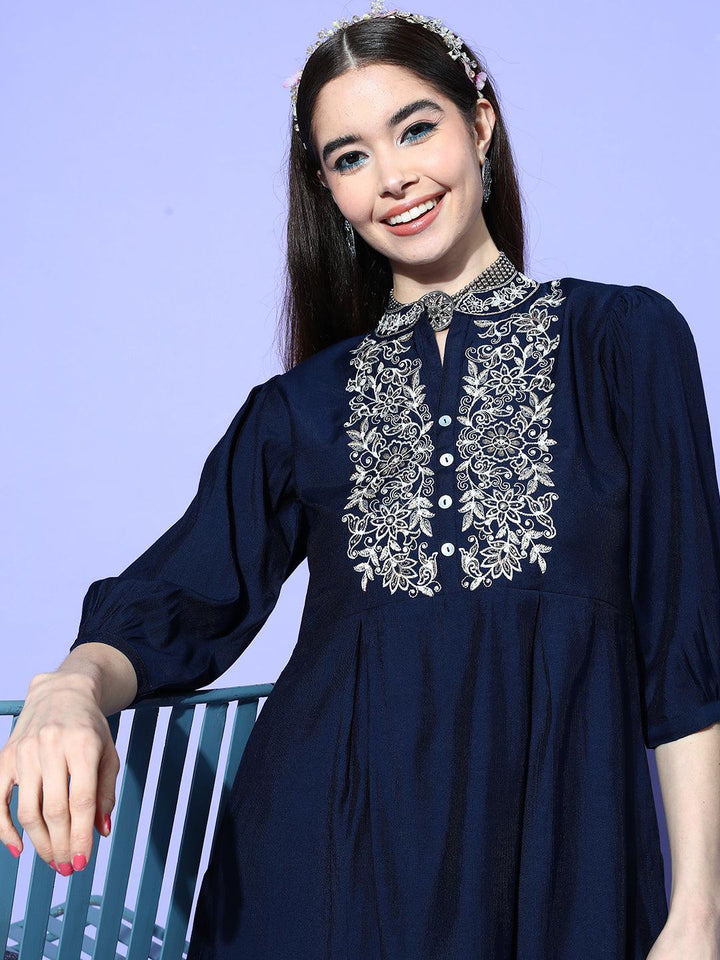 Navy Blue Embellished Silk Blend Co-Ords