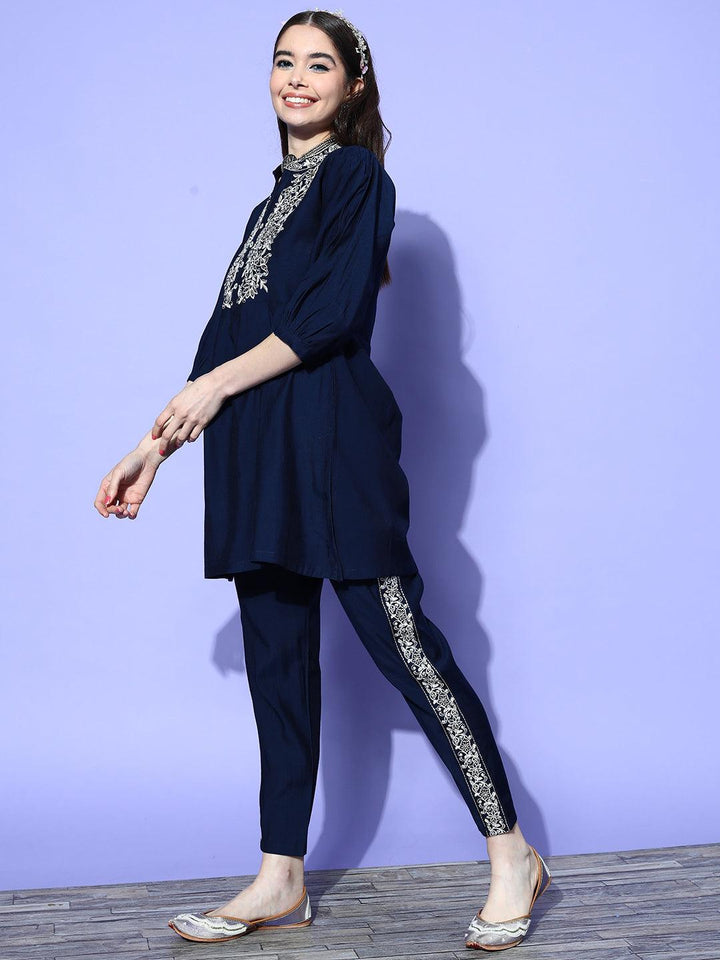 Navy Blue Embellished Silk Blend Co-Ords