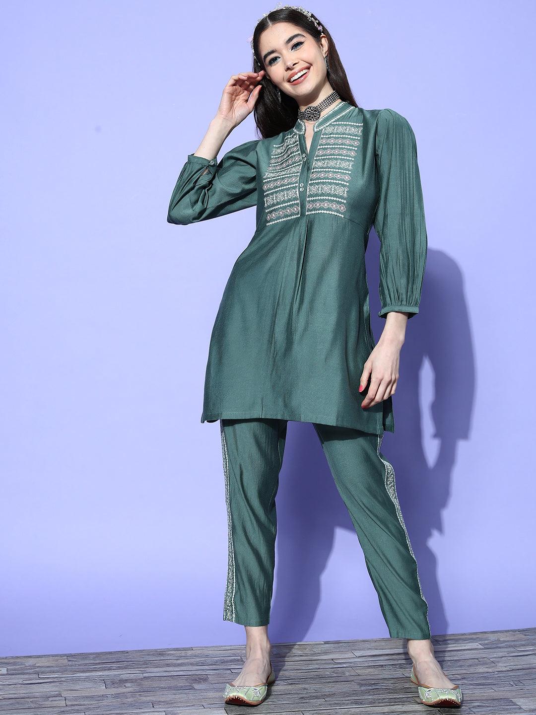 Green Embellished Silk Blend Co-Ords - ShopLibas 