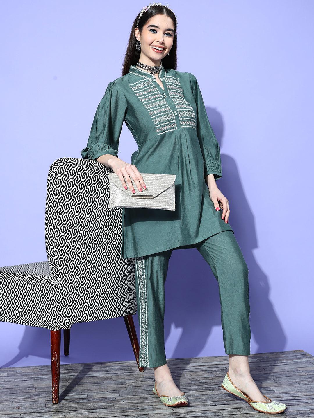 Green Embellished Silk Blend Co-Ords - ShopLibas 