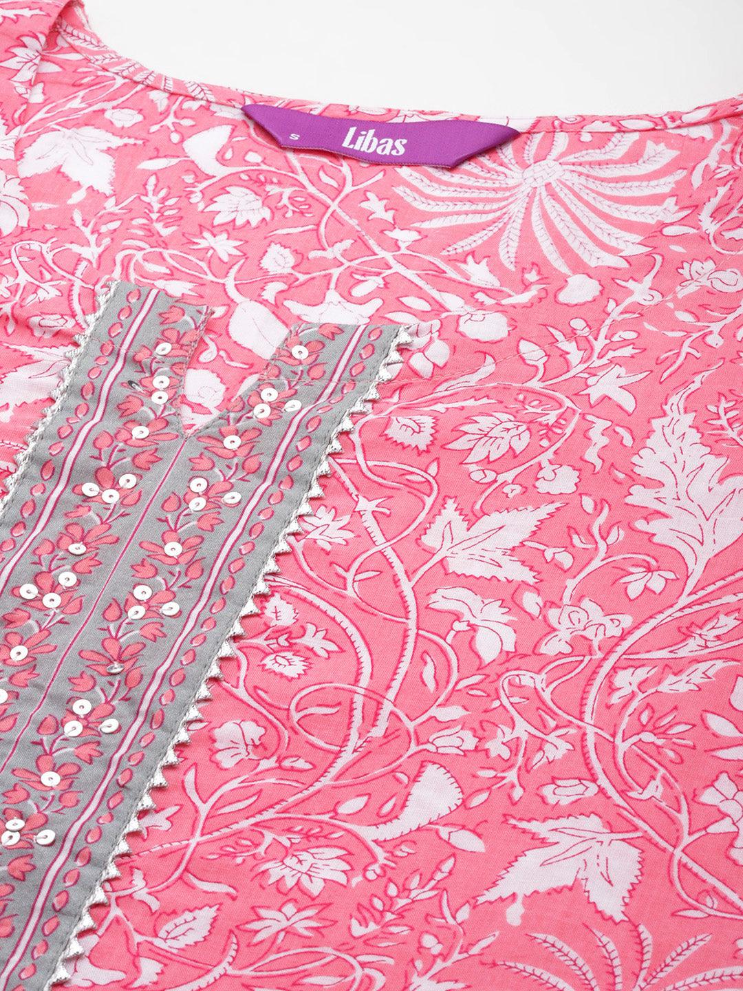 Pink Printed Cotton Straight Kurta With Trousers & Dupatta - ShopLibas 