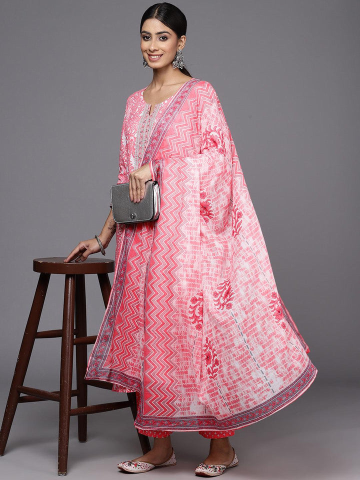 Pink Printed Cotton Straight Kurta With Trousers & Dupatta