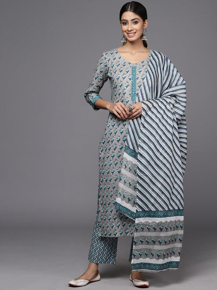 Grey Printed Cotton Straight Kurta With Trousers & Dupatta