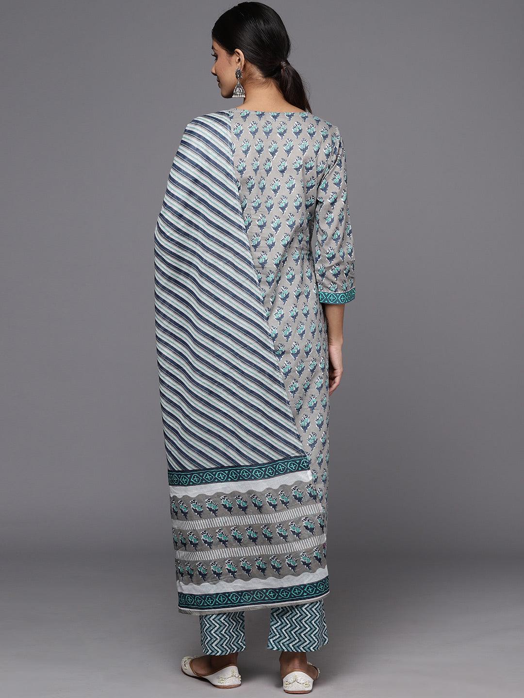 Grey Printed Cotton Straight Kurta With Trousers & Dupatta - ShopLibas 