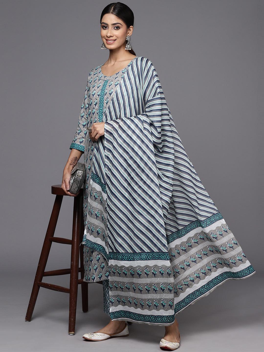 Grey Printed Cotton Straight Kurta With Trousers & Dupatta - ShopLibas 