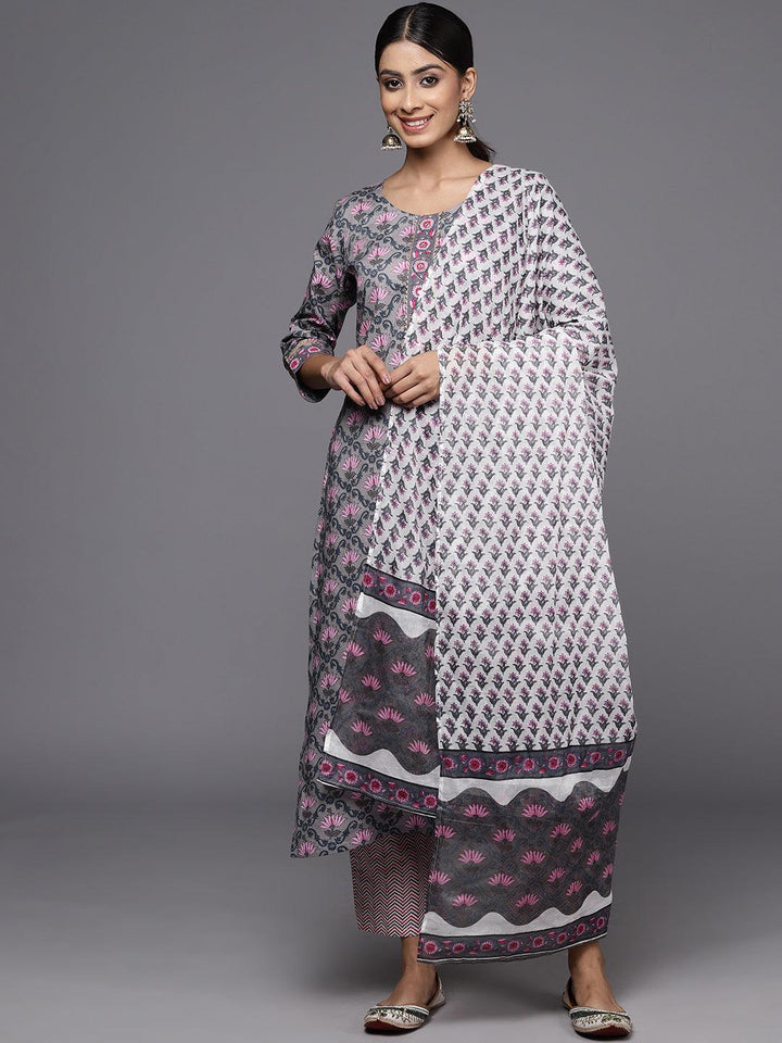 Grey Printed Cotton Straight Kurta With Trousers & Dupatta