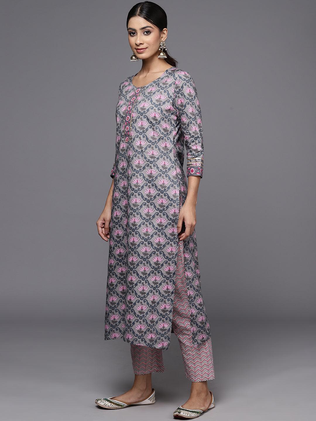 Grey Printed Cotton Straight Kurta With Trousers & Dupatta - ShopLibas 