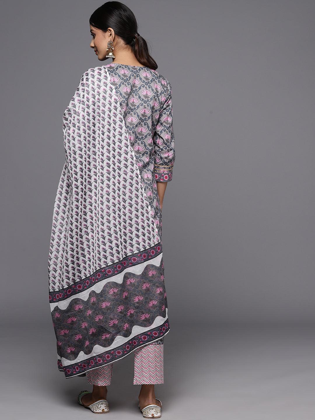 Grey Printed Cotton Straight Kurta With Trousers & Dupatta - ShopLibas 