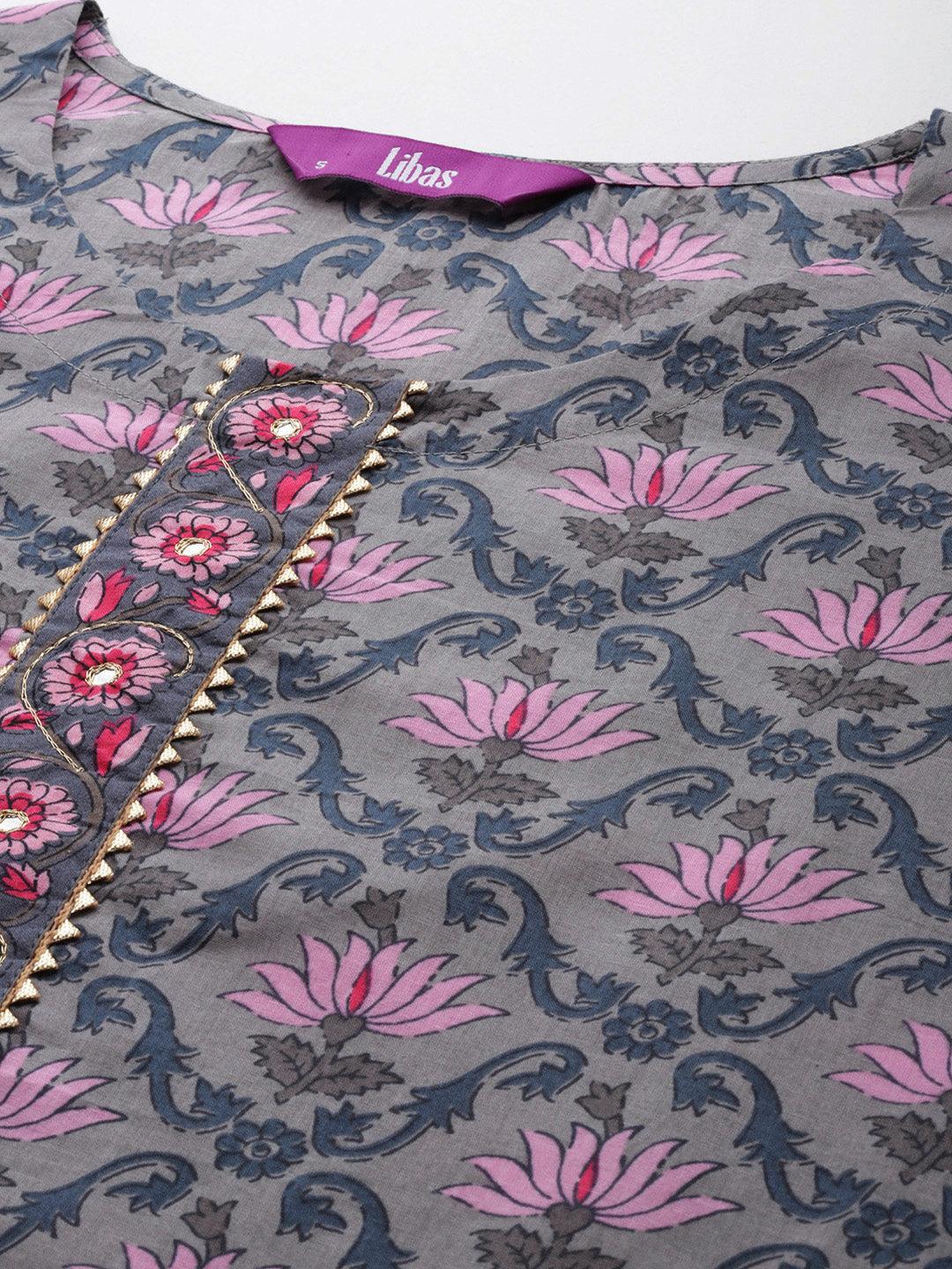 Grey Printed Cotton Straight Kurta With Trousers & Dupatta - ShopLibas 