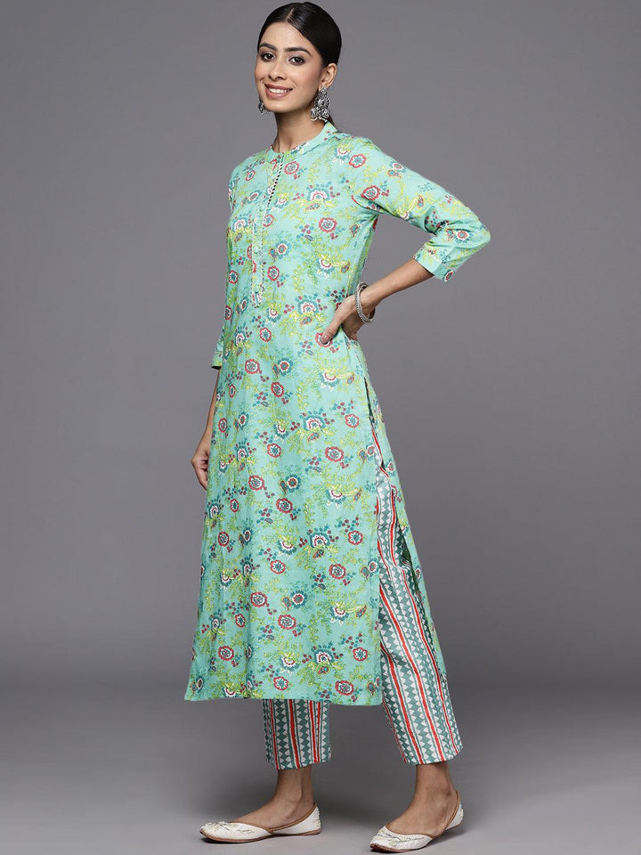 Green Printed Cotton Straight Kurta With Trousers & Dupatta