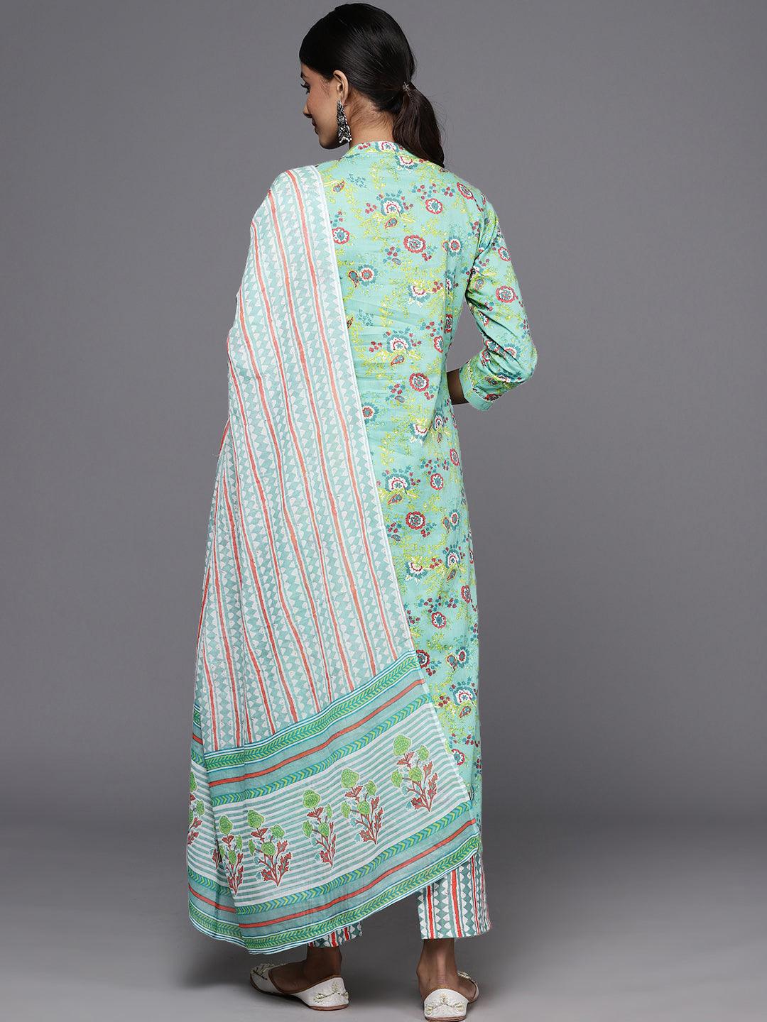 Green Printed Cotton Straight Kurta With Trousers & Dupatta - ShopLibas 