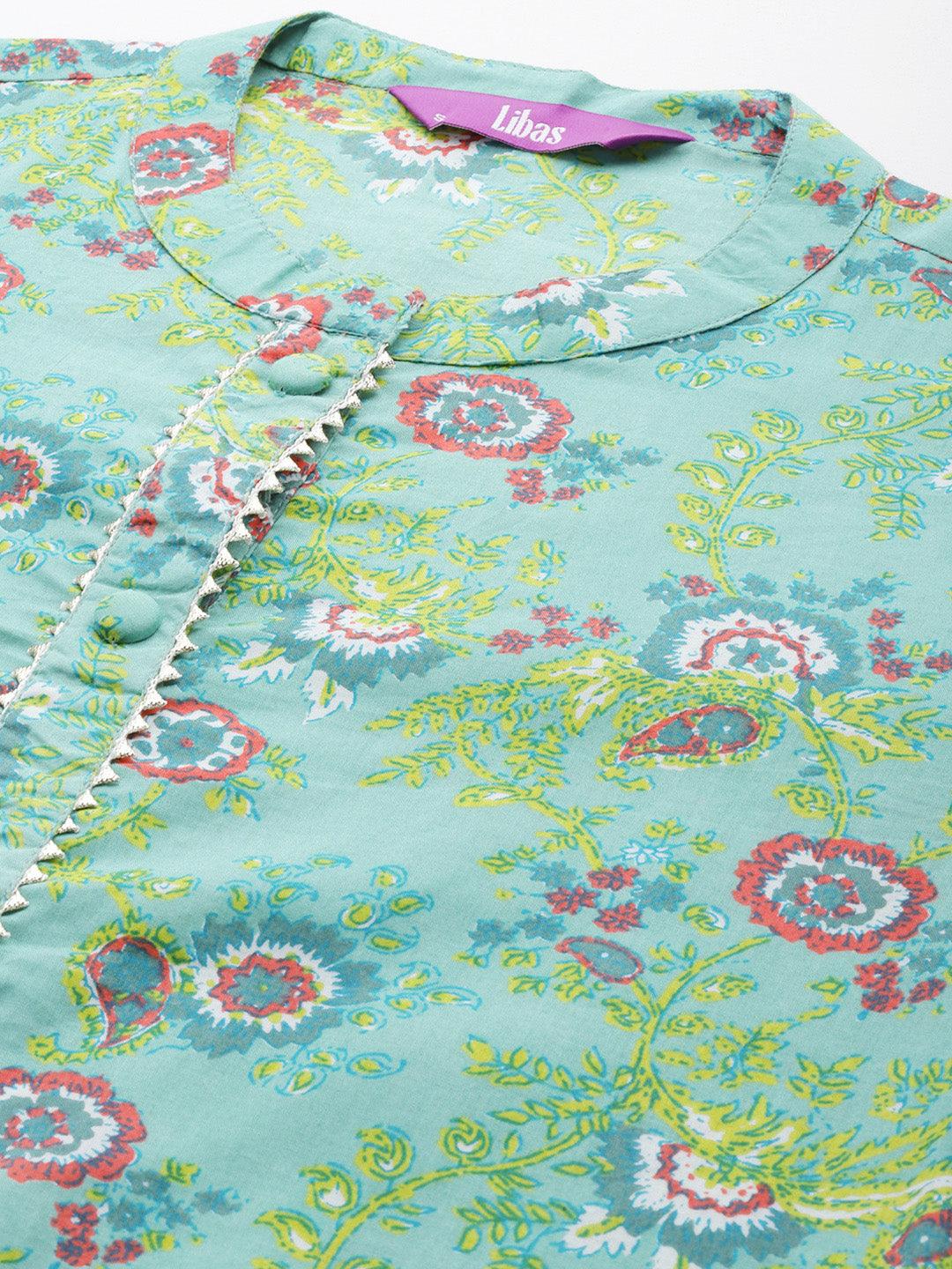 Green Printed Cotton Straight Kurta With Trousers & Dupatta - ShopLibas 