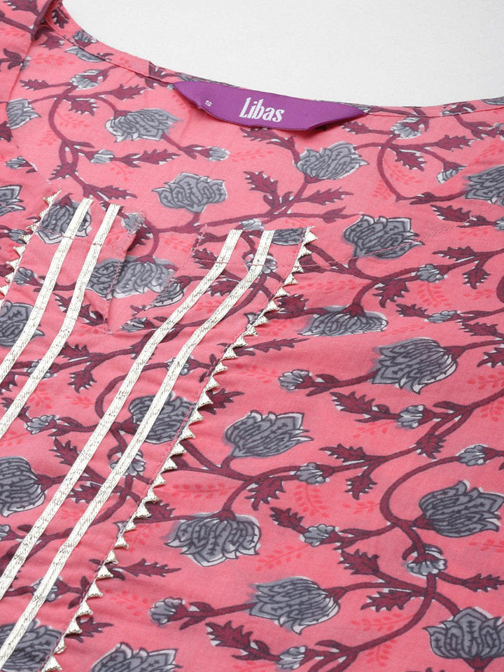 Pink Printed Cotton Straight Kurta With Trousers & Dupatta