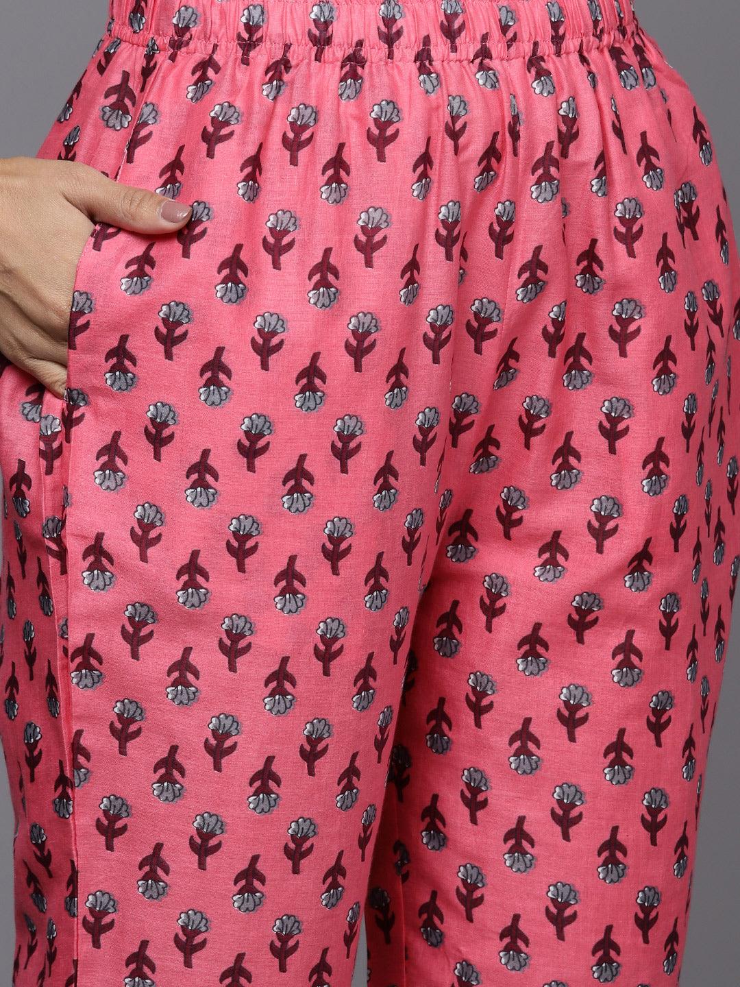 Pink Printed Cotton Straight Kurta With Trousers & Dupatta - ShopLibas 