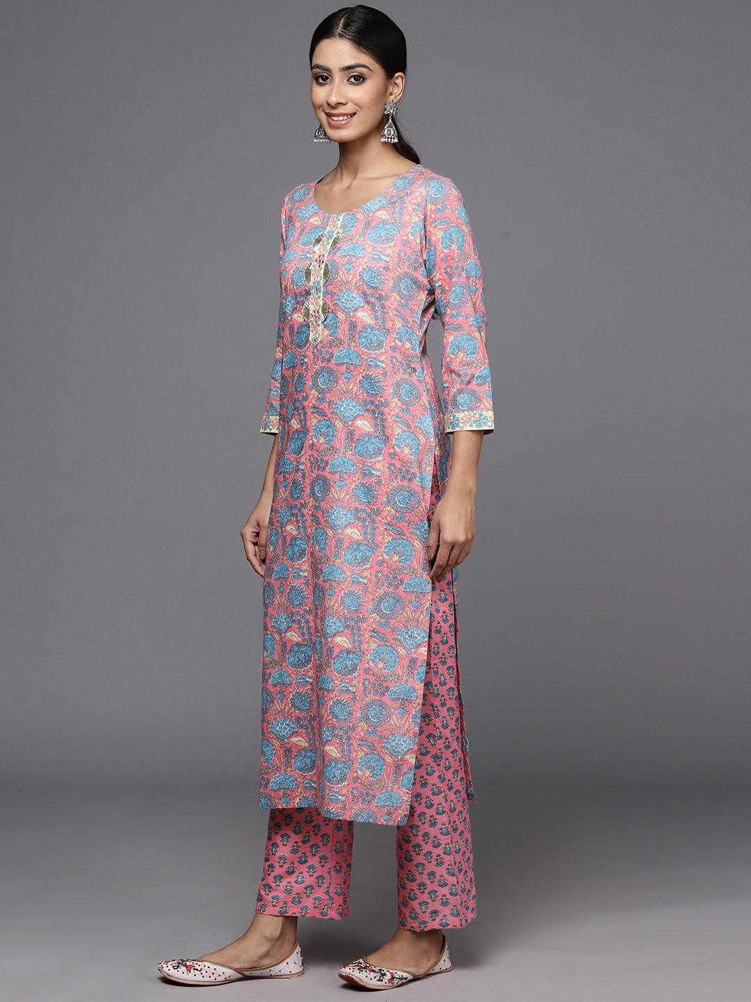 Pink Printed Cotton Straight Kurta With Trousers & Dupatta - ShopLibas 