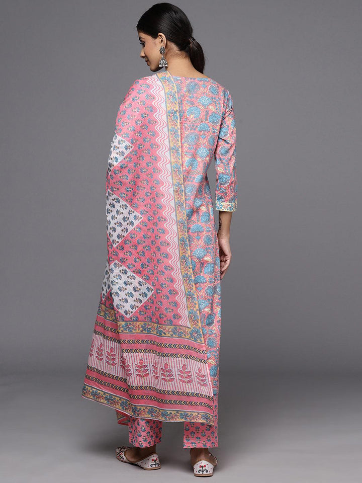Pink Printed Cotton Straight Kurta With Trousers & Dupatta