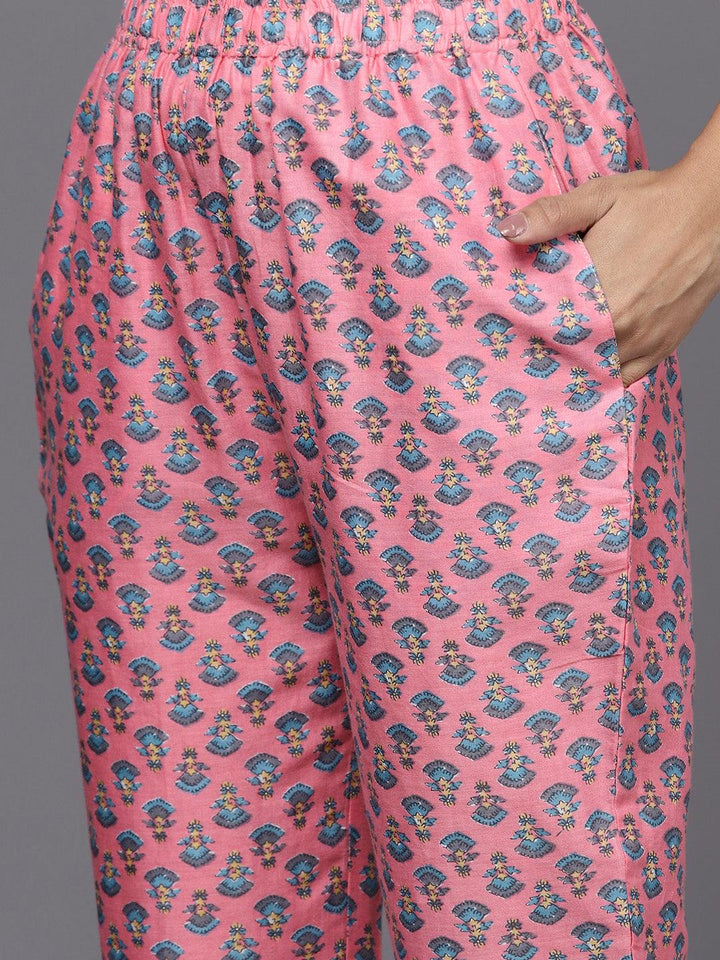 Pink Printed Cotton Straight Kurta With Trousers & Dupatta