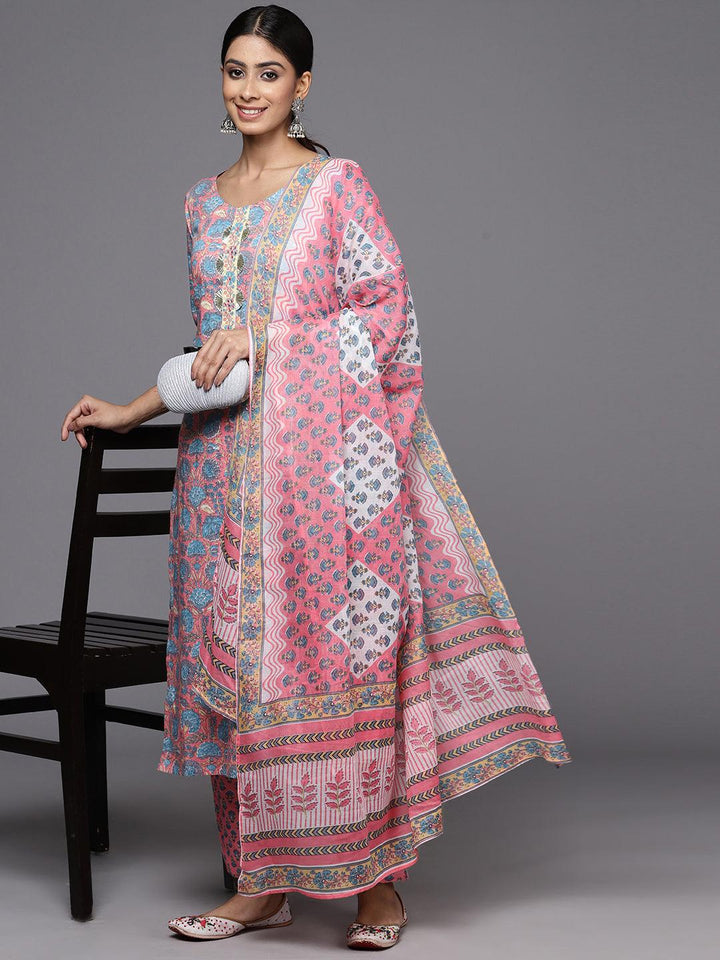 Pink Printed Cotton Straight Kurta With Trousers & Dupatta