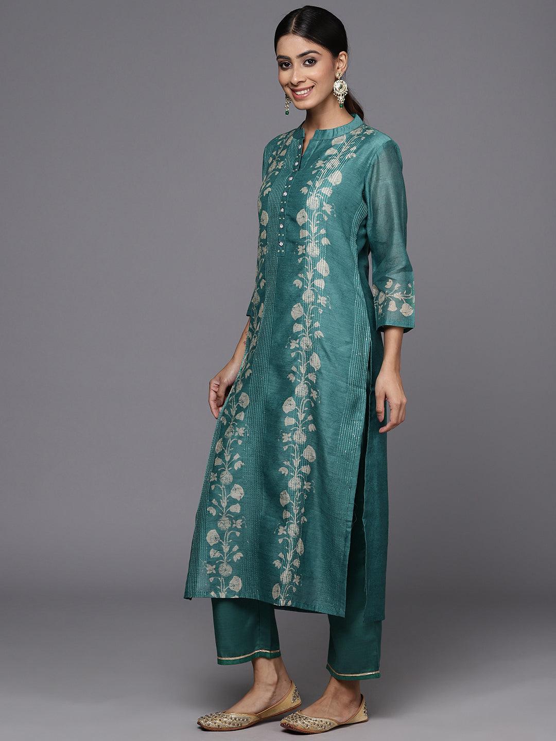 Rama Green Embroidered Chanderi Silk Straight Kurta With Trousers - ShopLibas 