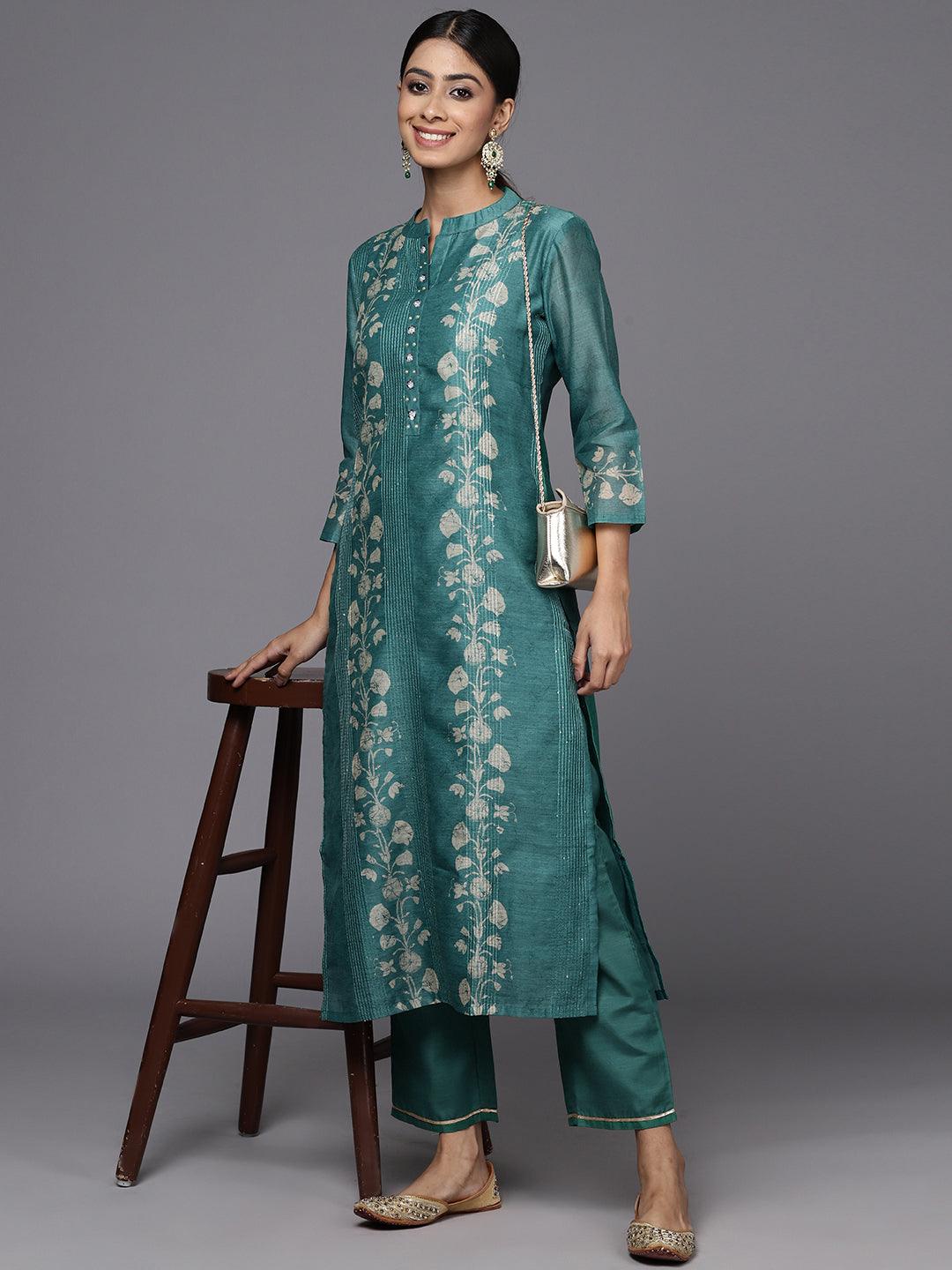 Rama Green Embroidered Chanderi Silk Straight Kurta With Trousers - ShopLibas 