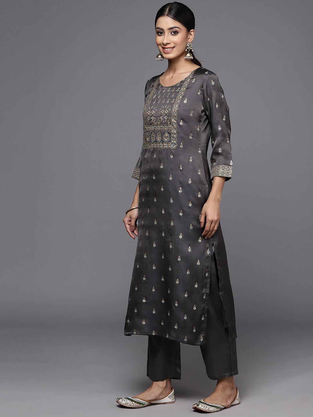 Grey Yoke Design Silk Blend Straight Kurta With Trousers & Dupatta - ShopLibas 