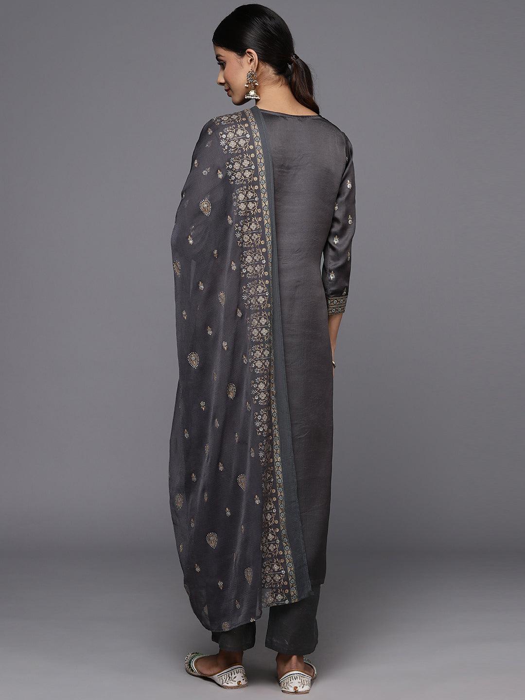 Grey Yoke Design Silk Blend Straight Kurta With Trousers & Dupatta - ShopLibas 