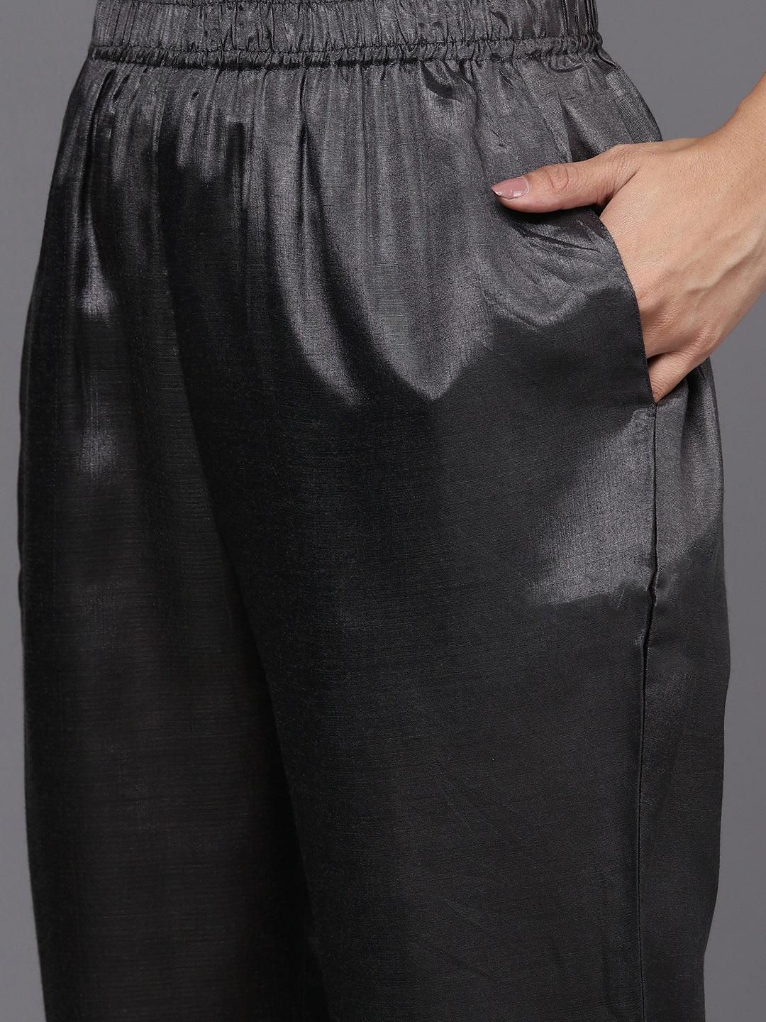 Grey Yoke Design Silk Blend Straight Kurta With Trousers & Dupatta - ShopLibas 