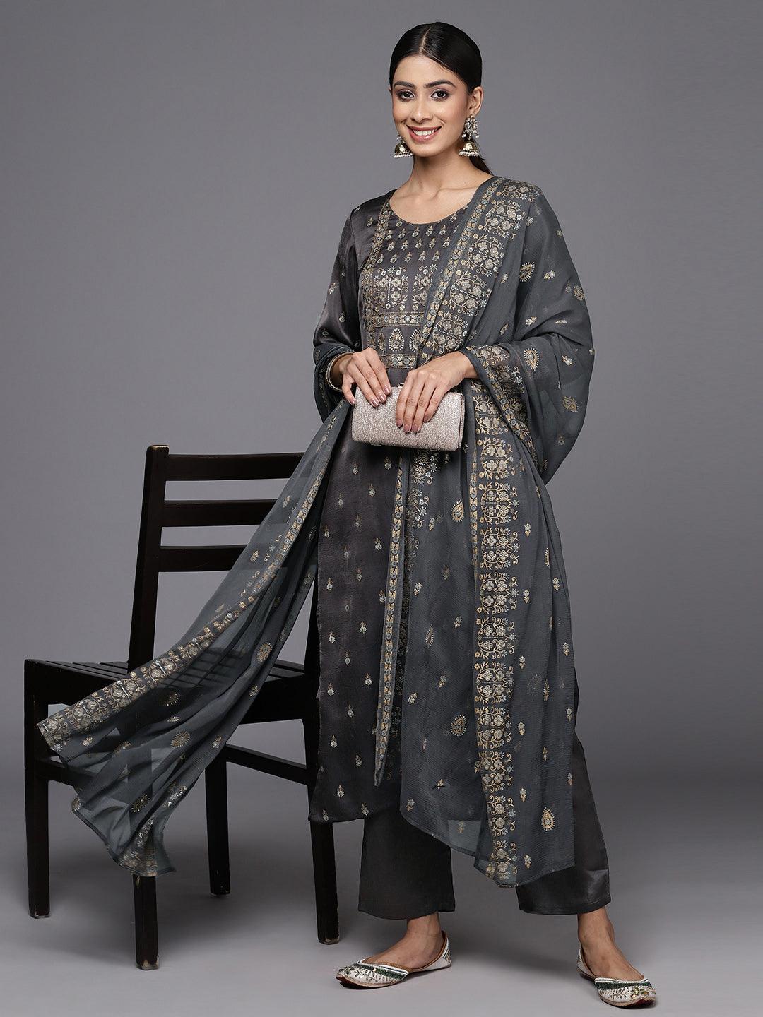 Grey Yoke Design Silk Blend Straight Kurta With Trousers & Dupatta - ShopLibas 