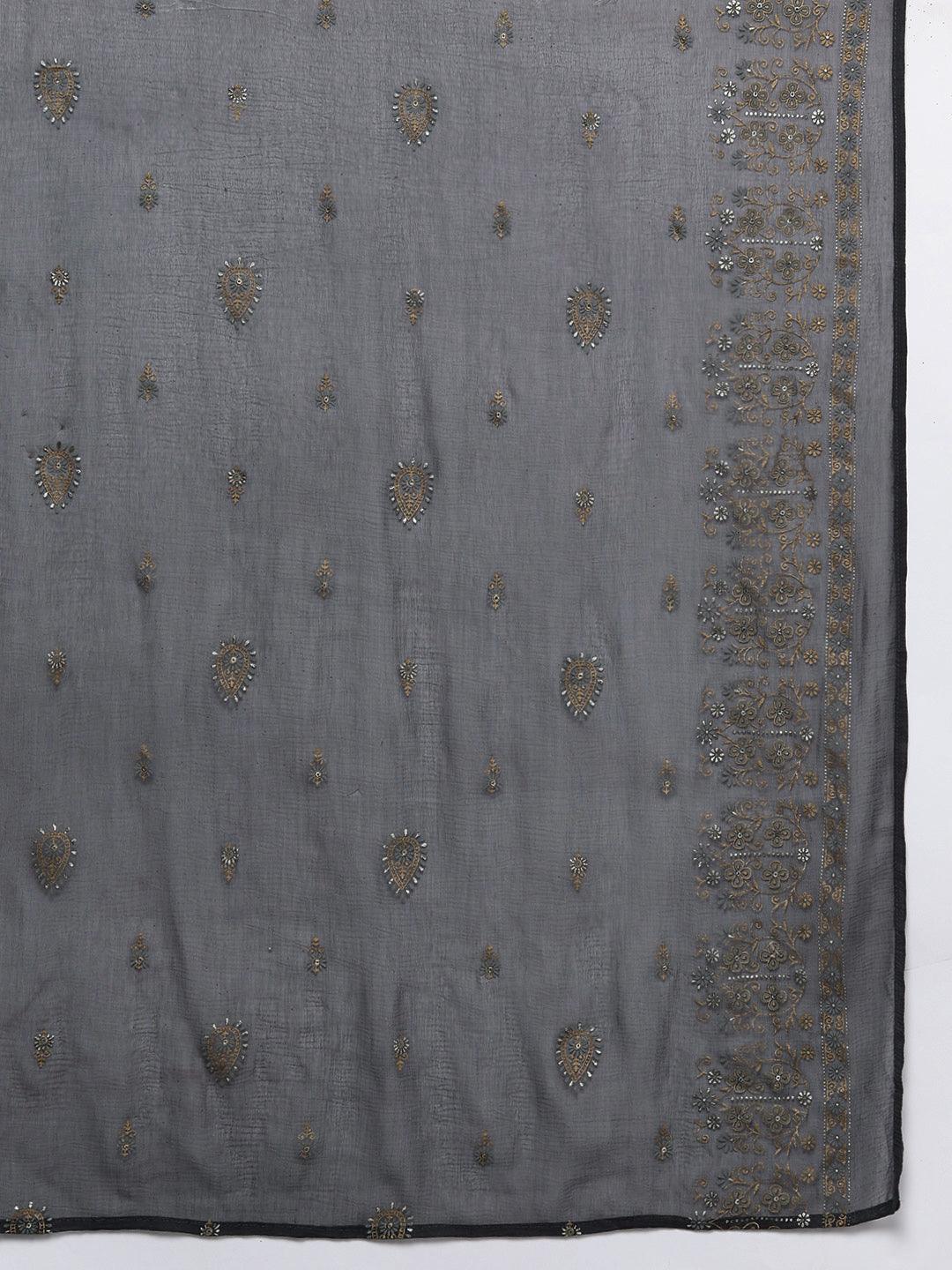 Grey Yoke Design Silk Blend Straight Kurta With Trousers & Dupatta - ShopLibas 