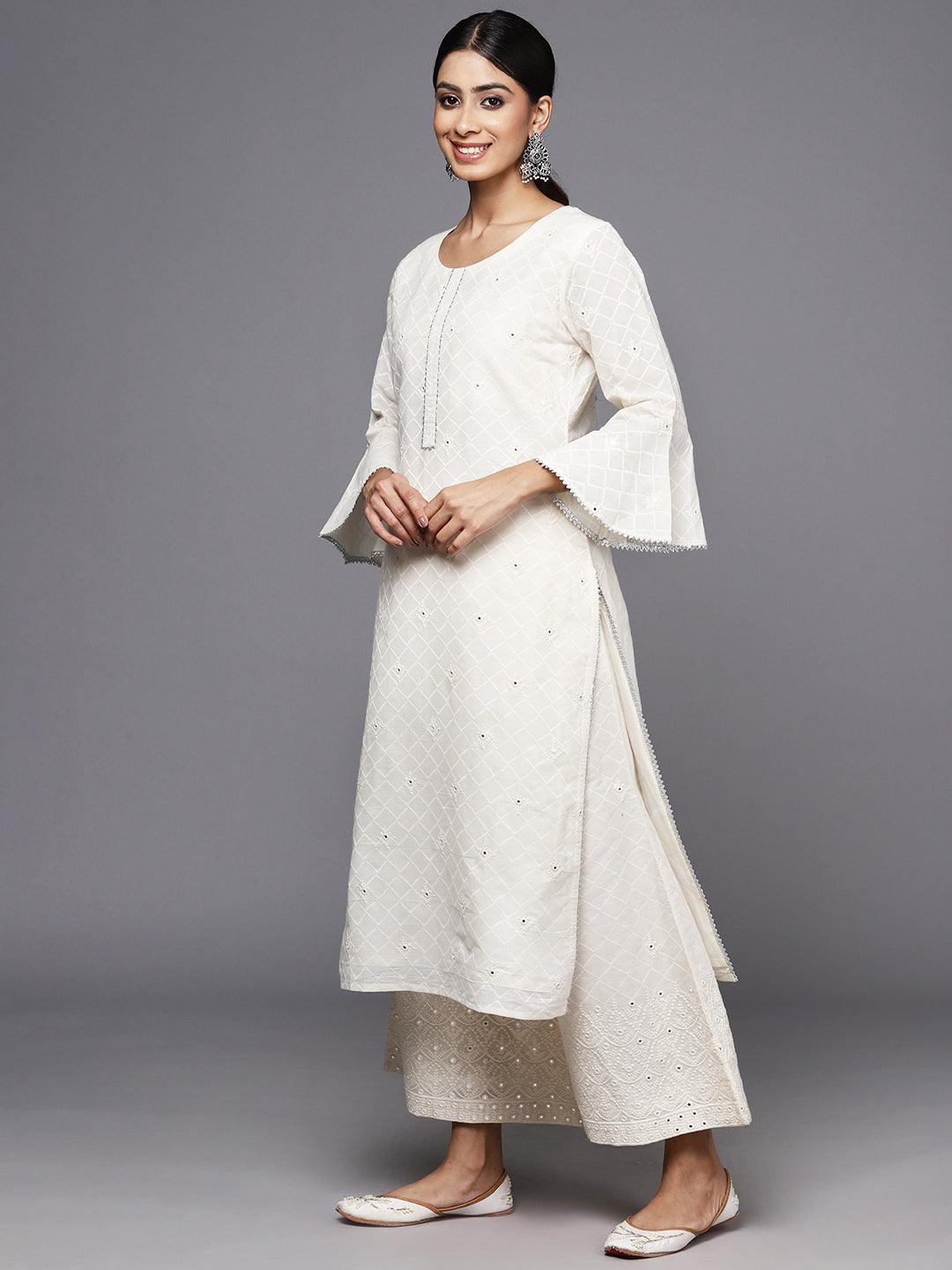 Off White Embroidered Cotton Straight Kurta With Palazzos & Dupatta - ShopLibas 