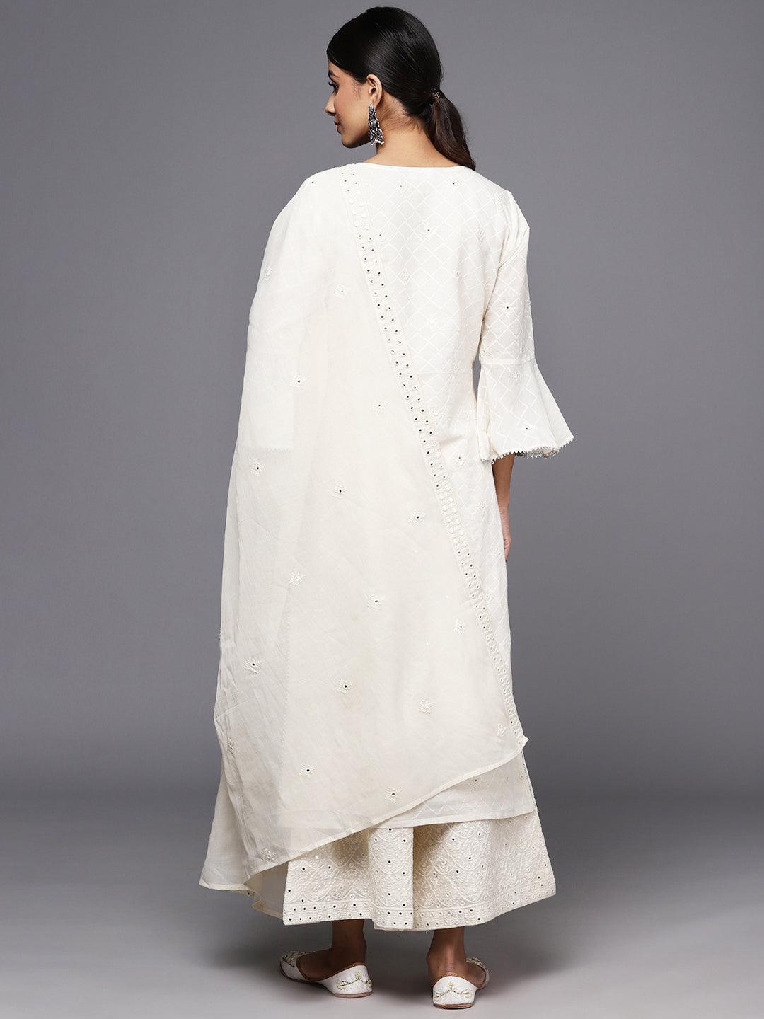 Off White Embroidered Cotton Straight Kurta With Palazzos & Dupatta - ShopLibas 