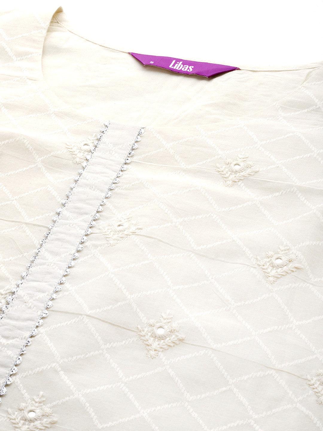 Off White Embroidered Cotton Straight Kurta With Palazzos & Dupatta - ShopLibas 