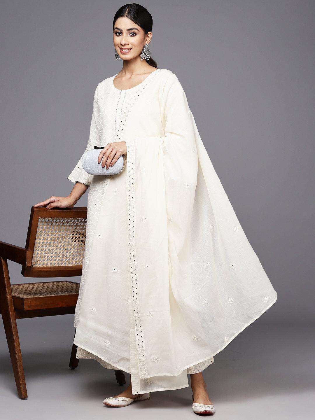 Off White Embroidered Cotton Straight Kurta With Palazzos & Dupatta - ShopLibas 