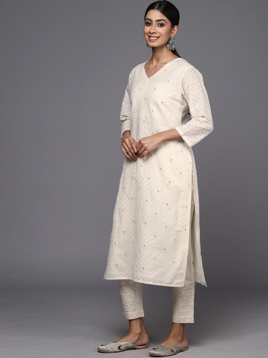 Off White Embroidered Cotton Straight Kurta With Trousers & Dupatta - ShopLibas 