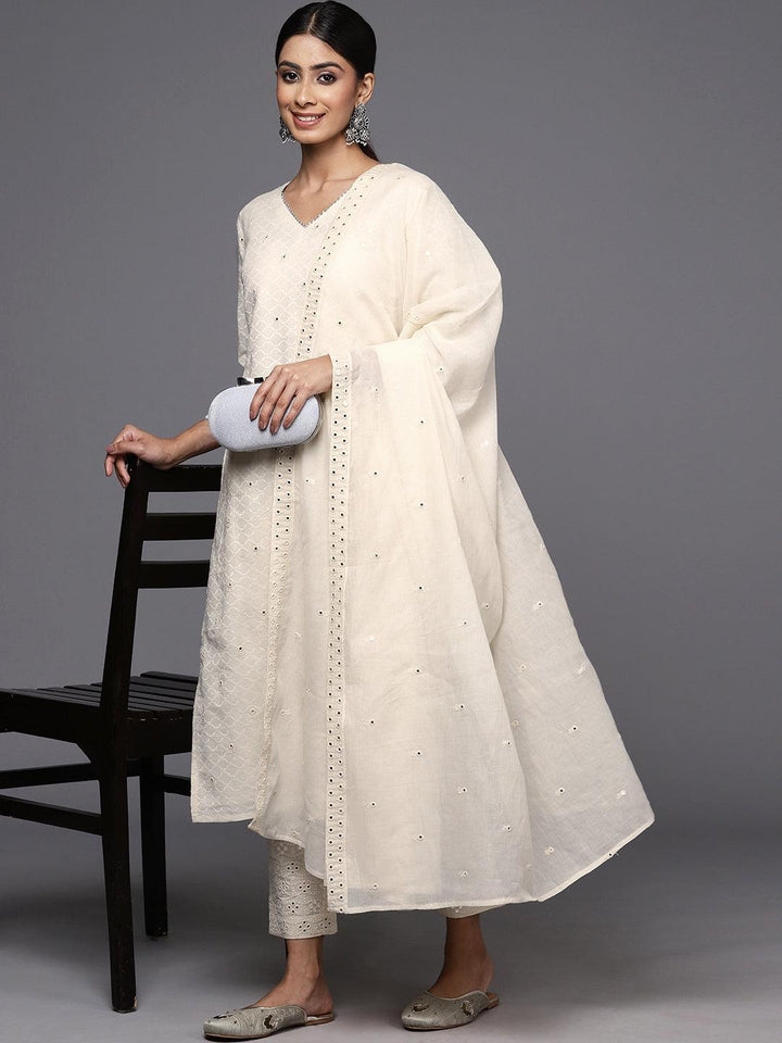 Off White Embroidered Cotton Straight Kurta With Trousers & Dupatta