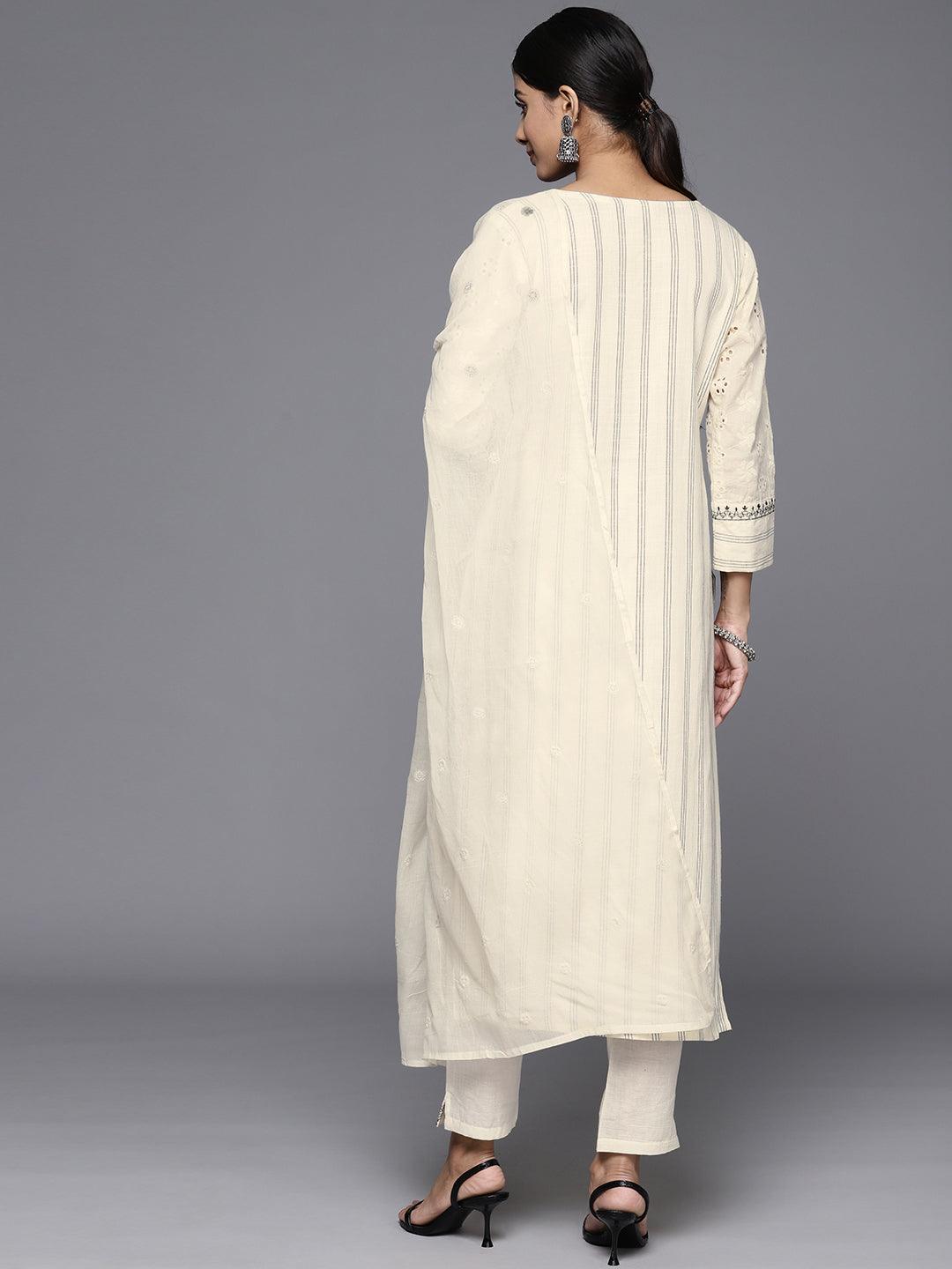 Off White Embroidered Cotton Straight Kurta With Trousers & Dupatta - ShopLibas 