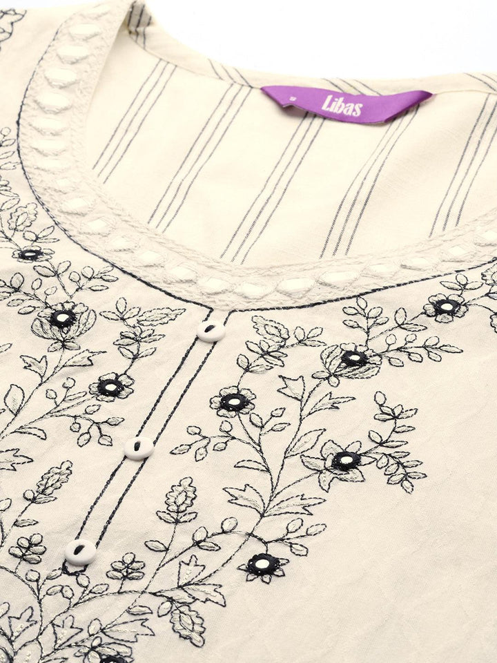Off White Embroidered Cotton Straight Kurta With Trousers & Dupatta