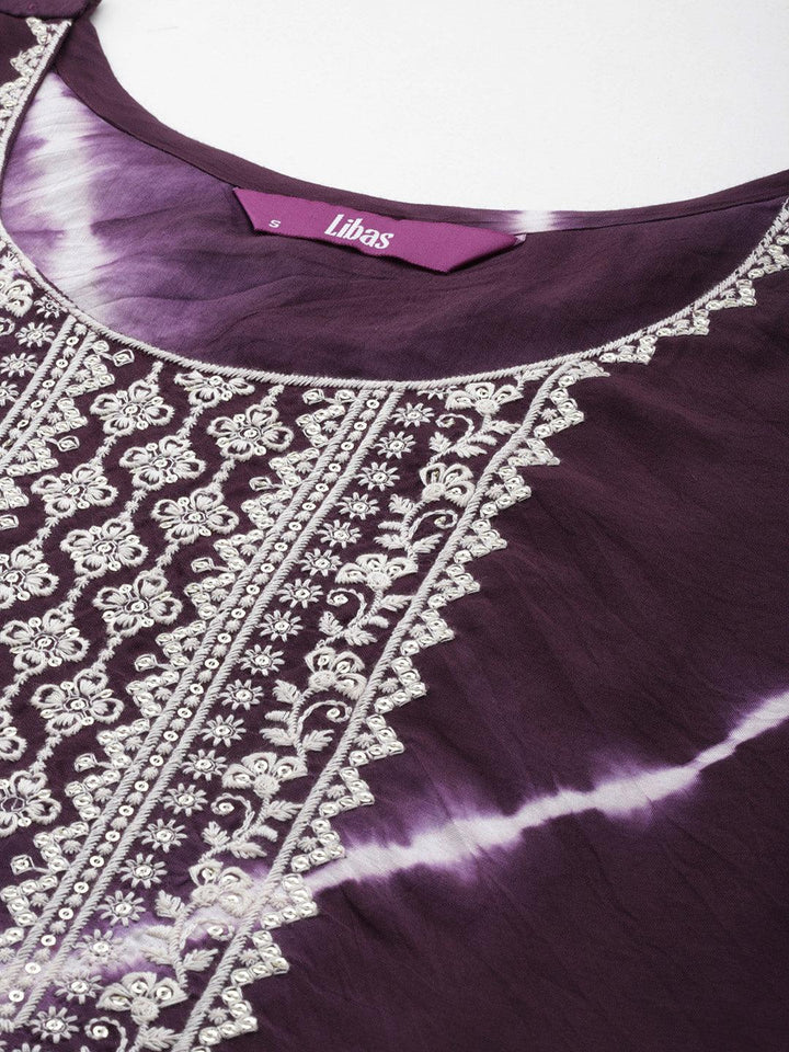 Wine Yoke Design Silk Blend Straight Kurta With Trousers & Dupatta