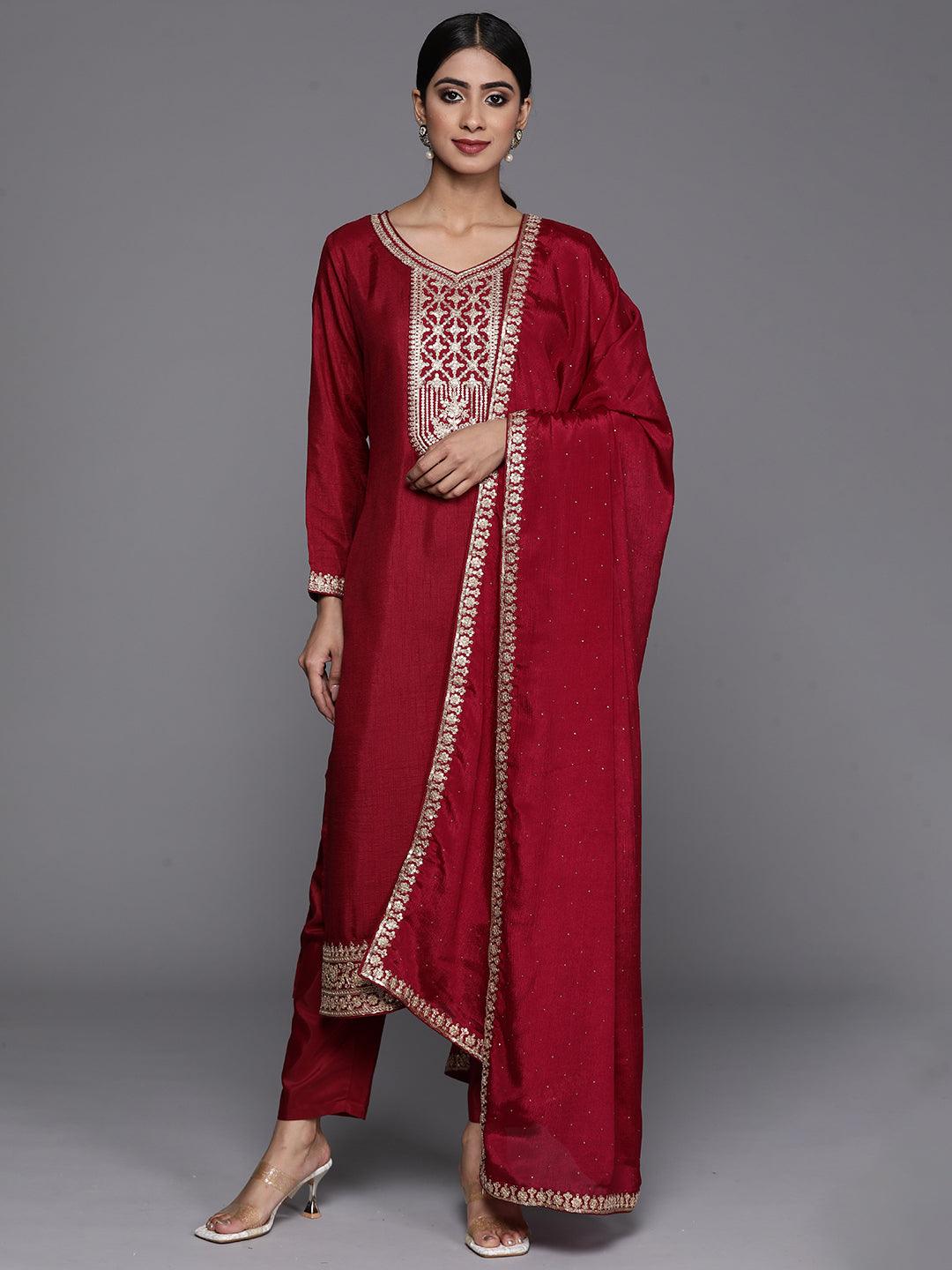Maroon Printed Silk Blend Straight Kurta With Trousers & Dupatta - ShopLibas 
