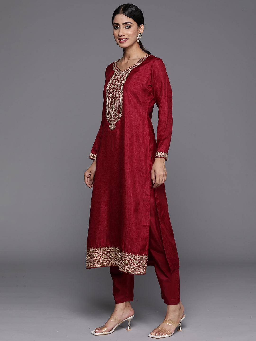Maroon Printed Silk Blend Straight Kurta With Trousers & Dupatta - ShopLibas 