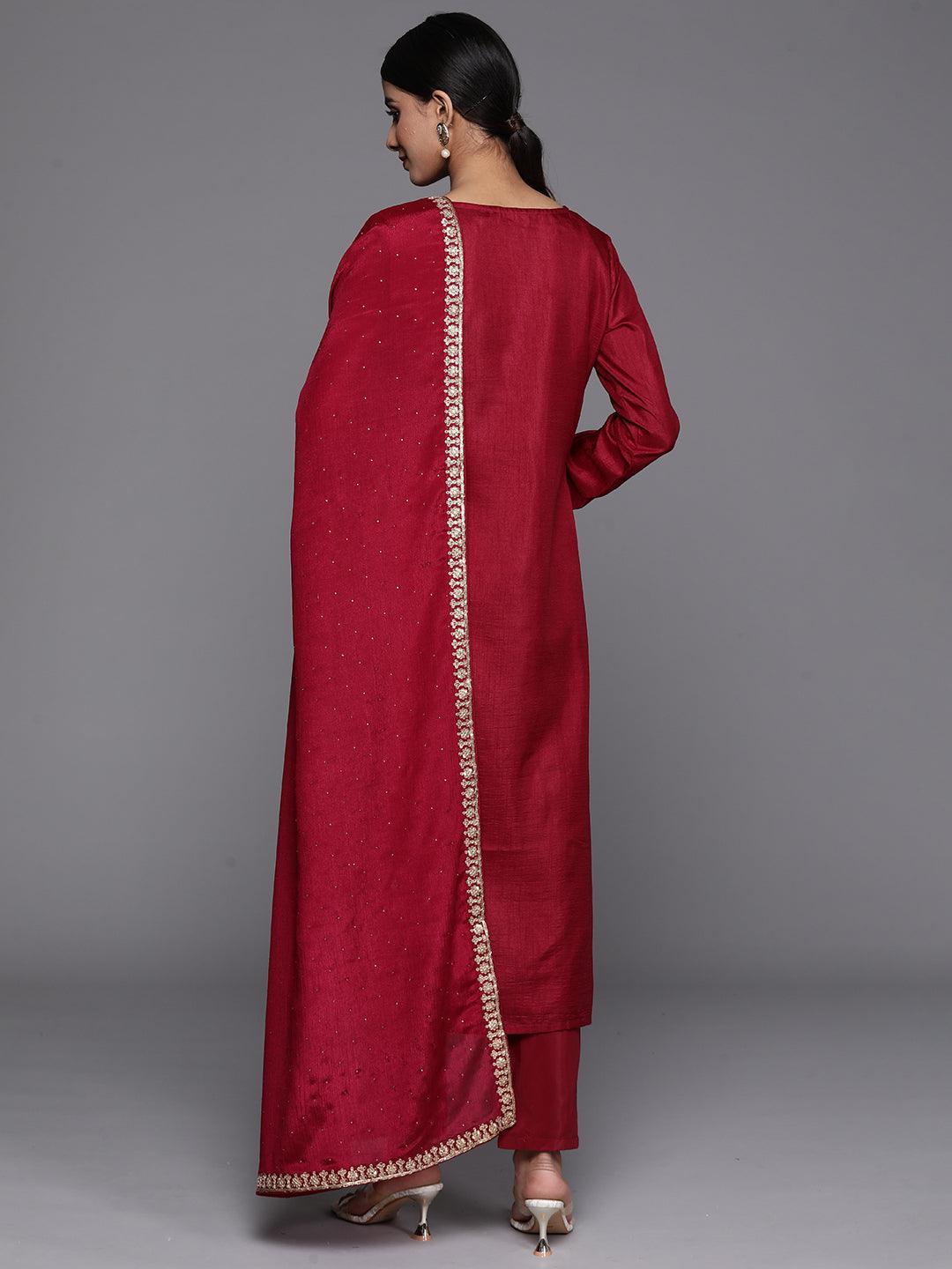 Maroon Printed Silk Blend Straight Kurta With Trousers & Dupatta - ShopLibas 