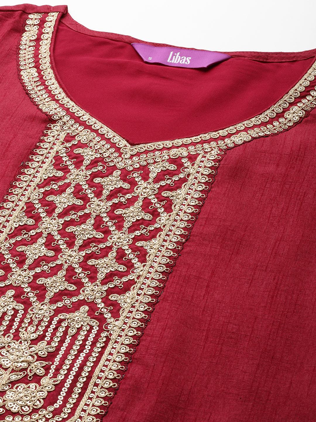 Maroon Printed Silk Blend Straight Kurta With Trousers & Dupatta - ShopLibas 