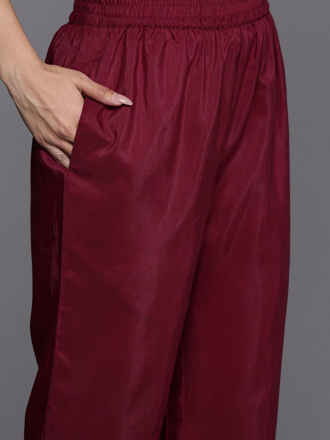 Maroon Printed Silk Blend Straight Kurta With Trousers & Dupatta - ShopLibas 