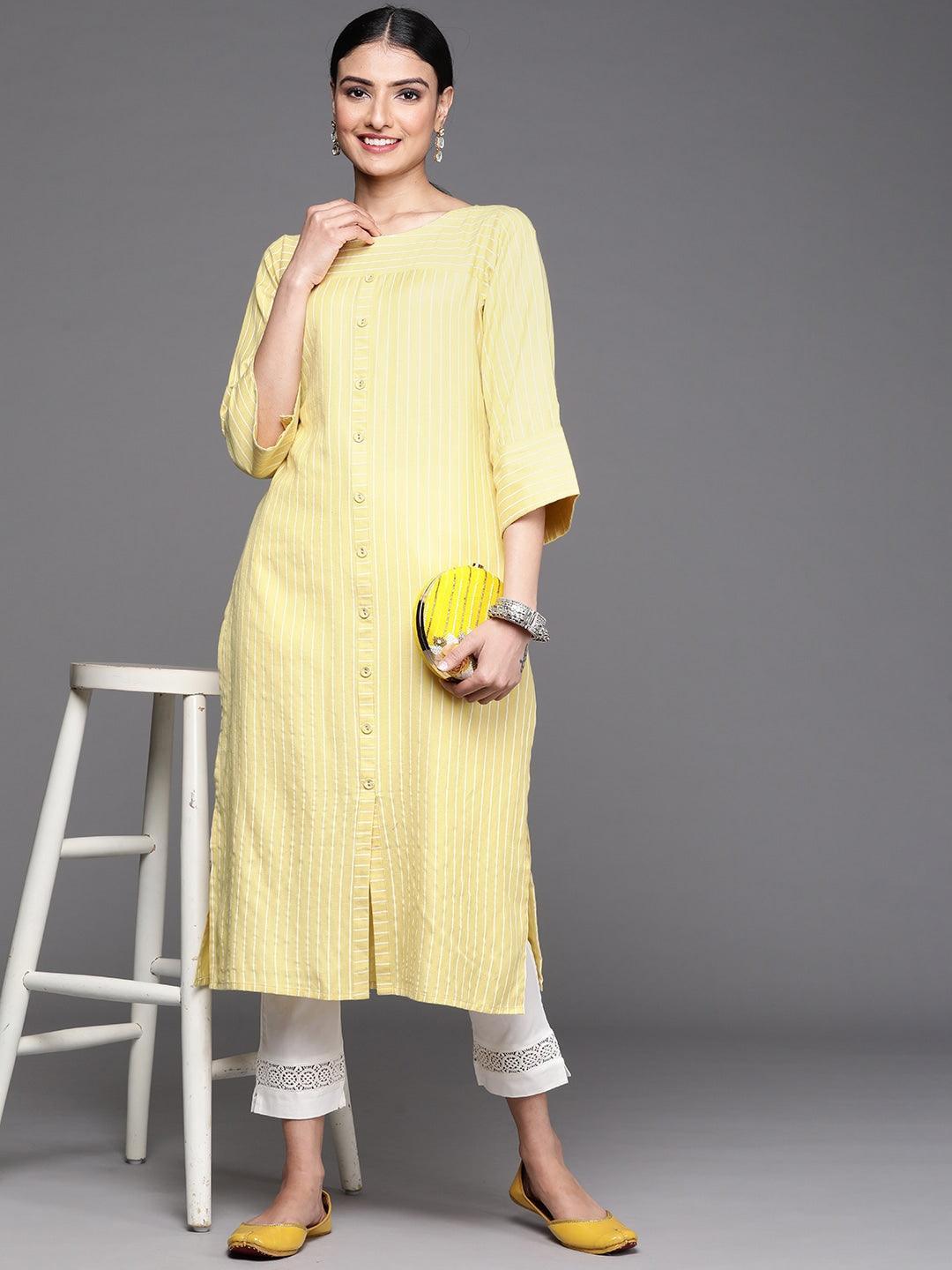 Yellow Striped Cotton Kurta - ShopLibas