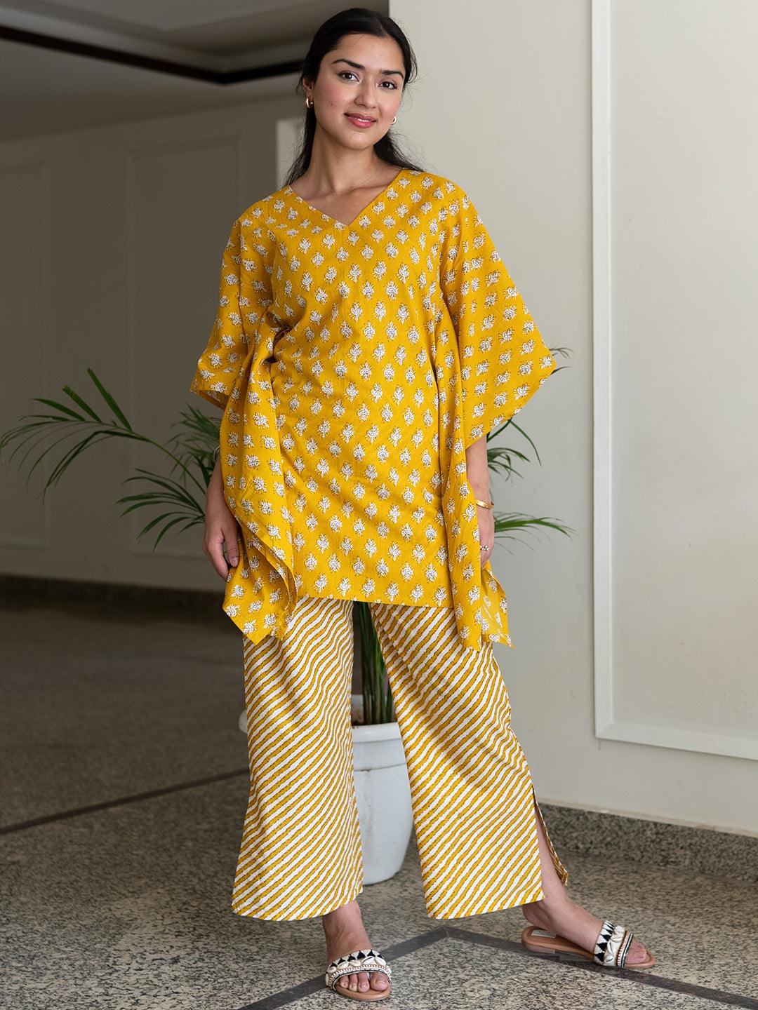 Mustard Printed Cotton Night Suit - ShopLibas