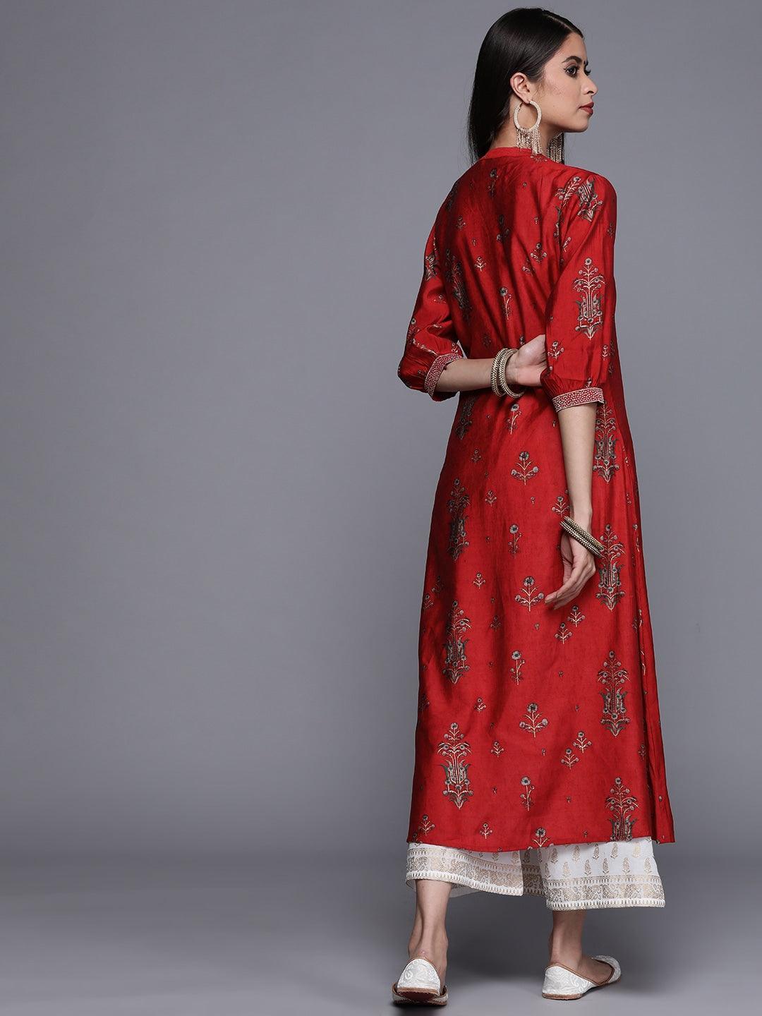 Maroon Printed Chanderi Silk Kurta - ShopLibas