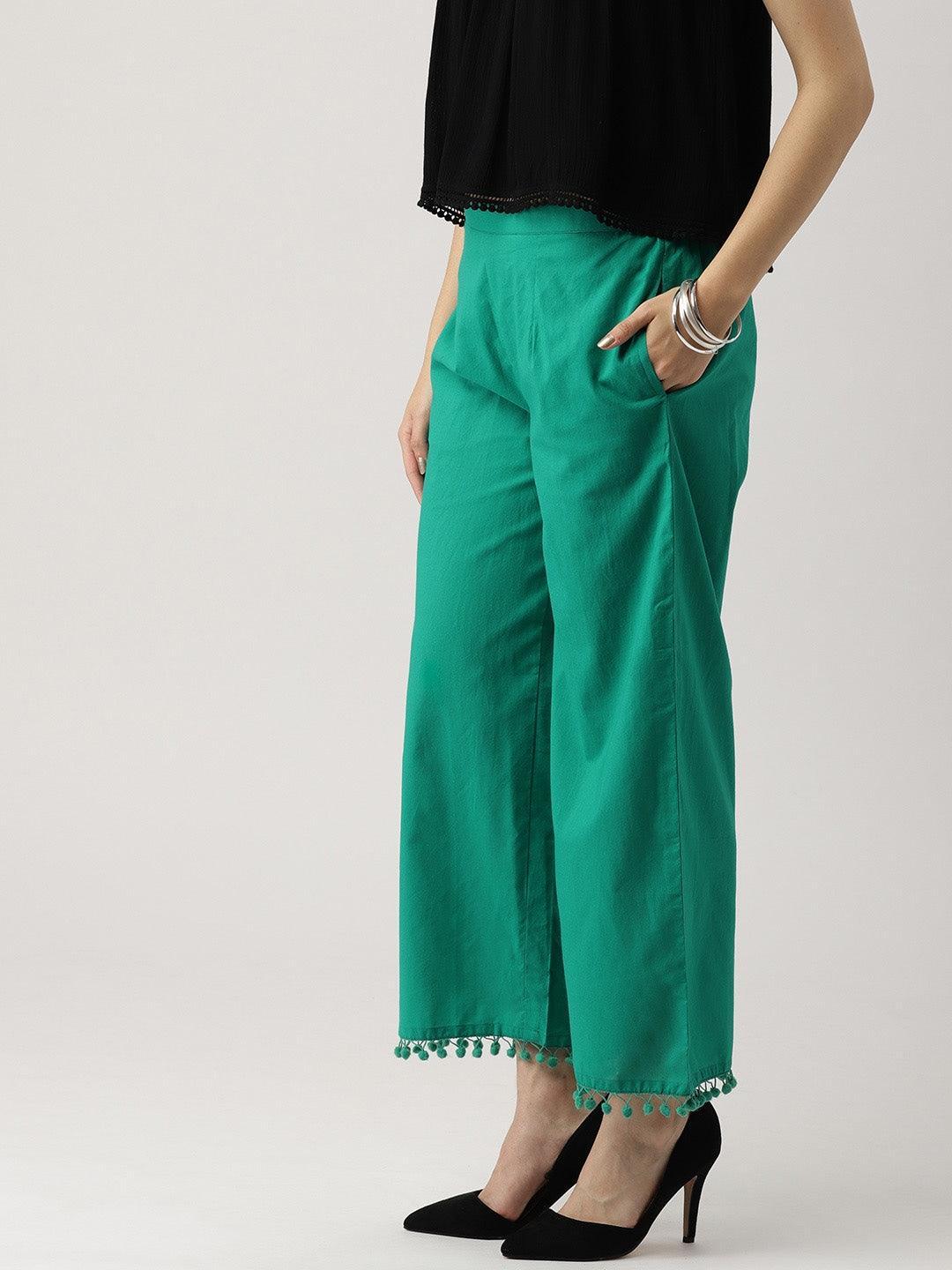 Green Solid Cotton Palazzos - ShopLibas 